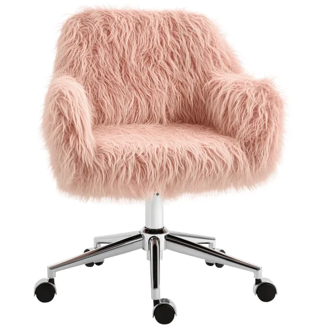 Lunpog Meisjes-directeurstoel met kunstbont, Zithoogteverstelling，57x60x75-85cm, roze+zilver