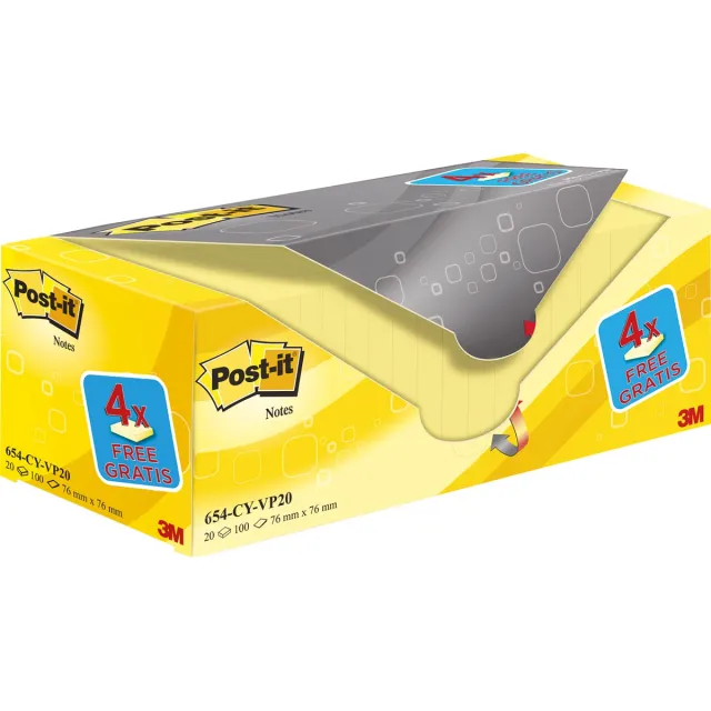 Post-It Notes , 100 vel, ft 76 x 76 mm, geel, pak van 16 blokken + 4 gratis