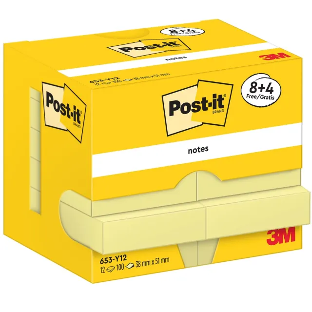 Post-It Notes , 100 vel, ft 38 x 51 mm, geel, 8 + 4 GRATIS