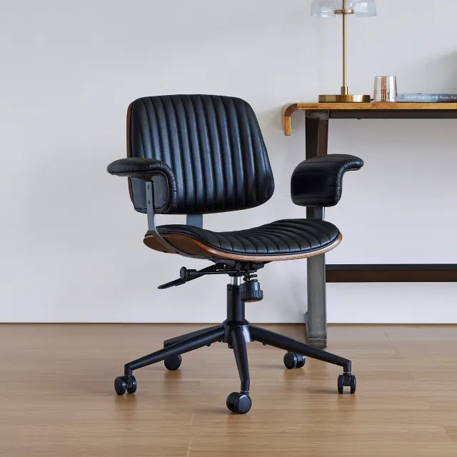Clruro Bureaustoel - 59x73x87 cm - Draaibaar - Gevoerde Armleuningen - Leer en Metaal - Zwart