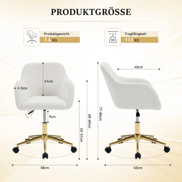Vovtenza bureaustoel - gaming stoel - ergonomische bureaustoel - bureaustoelen voor volwassenen - Teddy fleece stof - In hoogte verstelbaar - 360° draaibaar - Gouden poten - Geschikt voor kantoor en thuiswerkplek - Wit