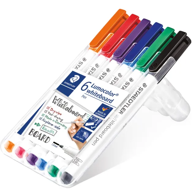 Staedtler whiteboard pen Lumocolor Pen, opstelbare box met 6 stuks in geassorteerde kleuren blauw