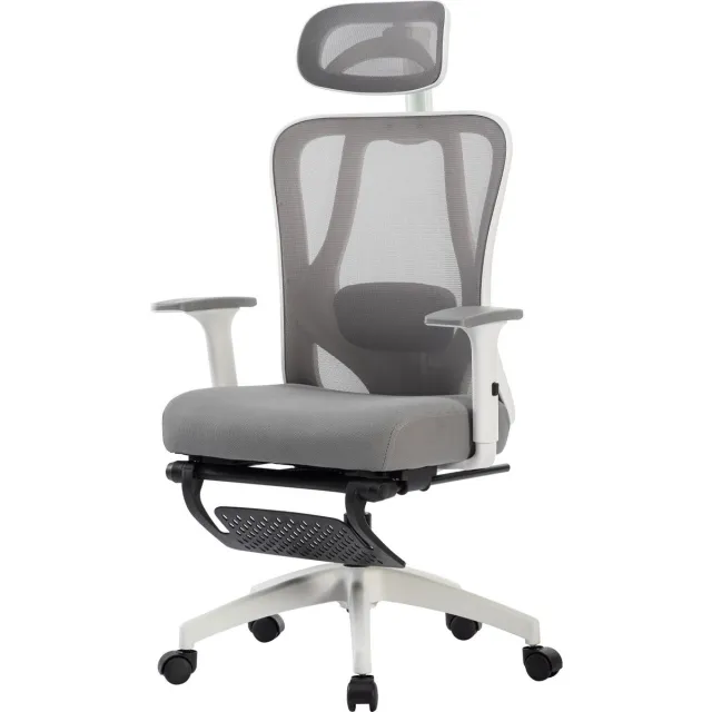 K IKIDO Bureaustoel - Ergonomische Bureaustoel met Armleuningen, lendensteun, kledingrek en voetsteun - Vergaderstoel - Office Chair voor Volwassenen - Kantoorstoel - Grijs