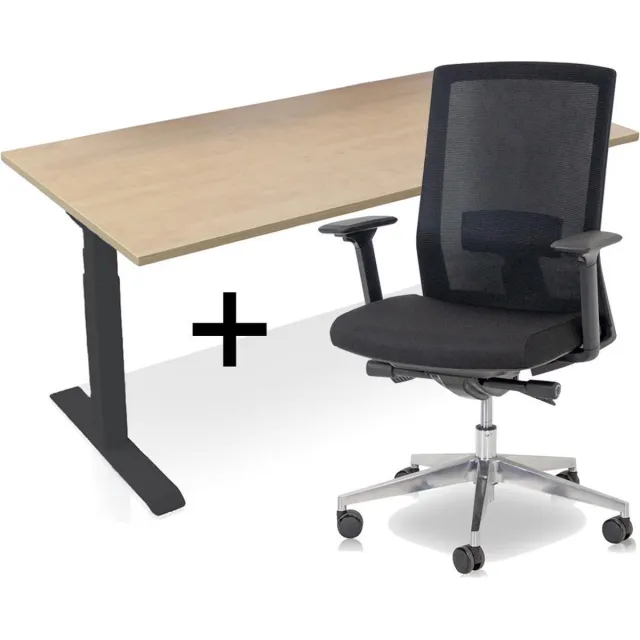 Lineaflex MRC Zit-sta bureau elektrisch verstelbaar + ERGO Bureaustoel | ARBO PRO NEN-EN 527 Thuiswerkset | frame bureau zwart - bureaublad wild peren | 120x80 cm Zwart bureauframe