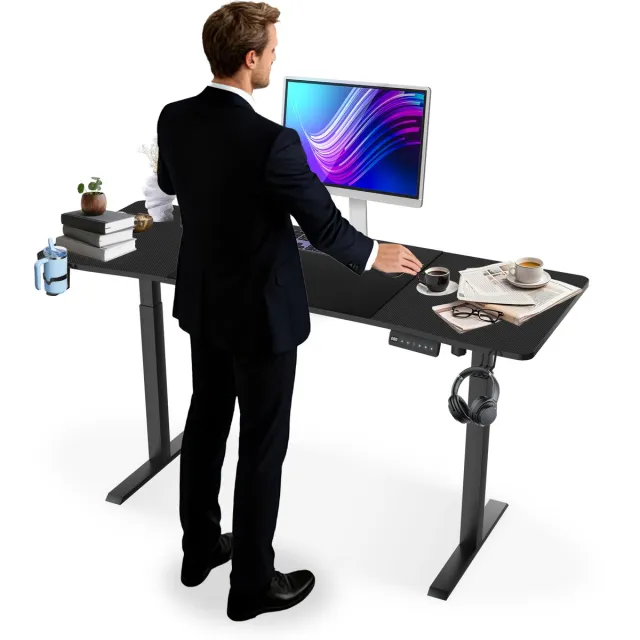 NAIZY In Hoogte Verstelbaar Bureau 140x60 cm Elektrisch Computer Bureau Kantoor Bureau met Type-C oplaadpoort, hoofdtelefoonhaak en bekerhouder Elektrische zit-sta Bureau met Geheugenfunctie, Zwart