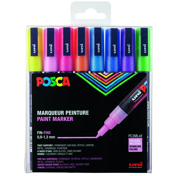 Posca Paintmarker Uni POSCA PC3M fijn glitter pastel assorti set a 8 stuks