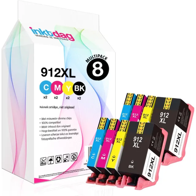 inktdag inktcartridge voor HP 912 inkt cartridges multipack, hp 912 xl inkt cartridges, HP 912xl inktcartridge 8 pack (2*BK, C, M en Y) voor HP OfficeJet Pro 8010, 8012, 8014 ,8015, 8020, 8022 ,8023, 8024, 8025 Zwart x 2 (30 ml)
