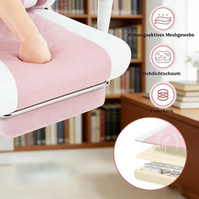 STILVORA Bureaustoel - Massagelendensteun - Ergonomisch Draaibaar - Voor Thuiswerk En Spelen - Metaal - Roze Wit