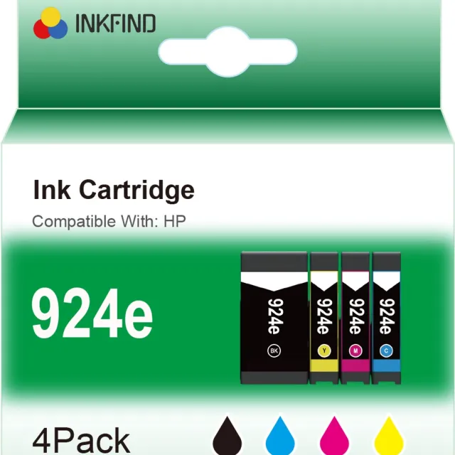 INKFIND 924e Zwart/Cyaan/Magenta/Geel (Evomore) inktcartridge compatibel met HP 924 924e 4K0V0NE 4K0U7NE 4K0U8NE 4K0U9NE 6C3Z1NE 4K0U3NE 4K0U4NE 4K0U5NE 4K0U6NE 4 Pack geschikt voor HP OfficeJet Pro 8120/8130 series -4-pack Zwart/Cyaan/Magenta/Geel Zwart x 1, Cyaan x 1, Magenta x 1, Geel x 1