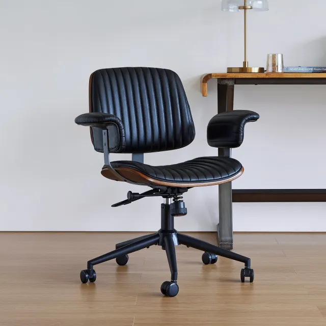 MIVRAY Bureaustoel - Zwarte Echtleren Bureaufauteuil - Hoogteverstelbaar En 360 Graden Draaibaar - Voor Thuiswerkplek - Leer En Metaal - Zwart