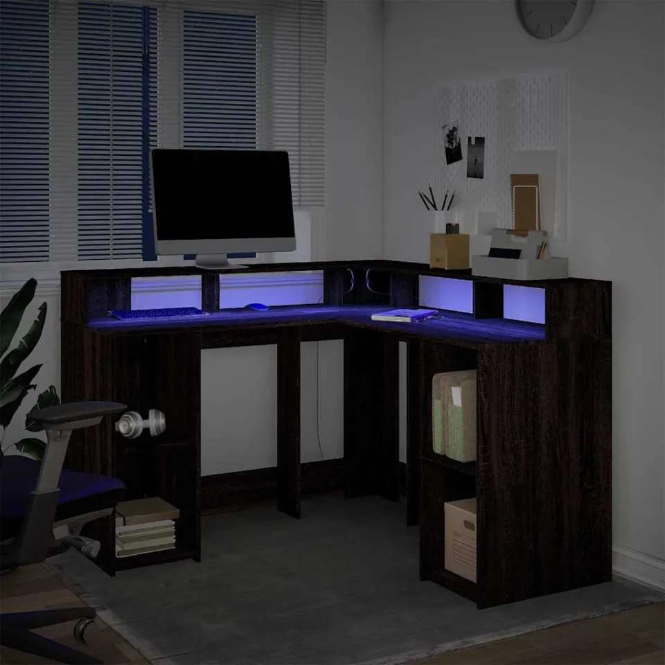 vidaXL Bureau met LED-verlichting 130x130x91 cm hout bruin eikenkleur, foto 4