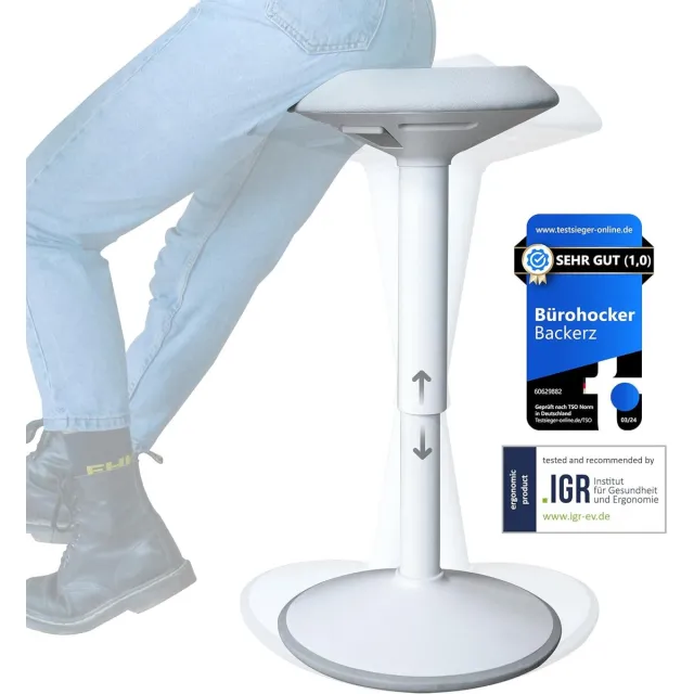 Backerz Wiebelkruk - Ergonomische Wiebel Stoel hoogte 55-80cm - Balanskruk - Zit Sta kruk - Zadelkruk Wit 2. Wit