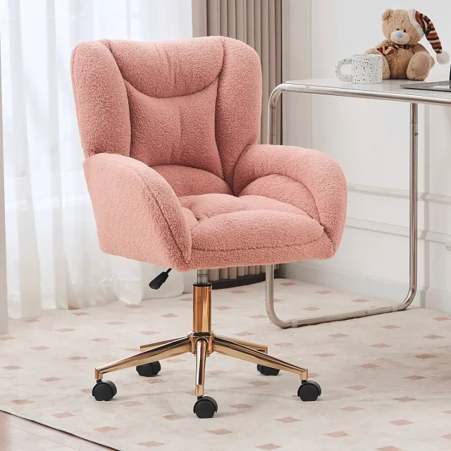 DESMIU Bureaustoel 64 x 62 x 92,5 cm - In Hoogte Verstelbaar En Draaibaar Met Wielen - Voor Thuiswerkplek En Kaptafel - Teddystof Roze