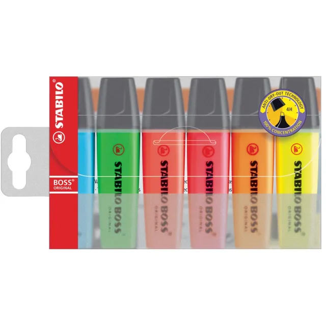 Stabilo BOSS ORIGINAL markeerstift, etui van 6 stuks in geassorteerde kleuren blauw