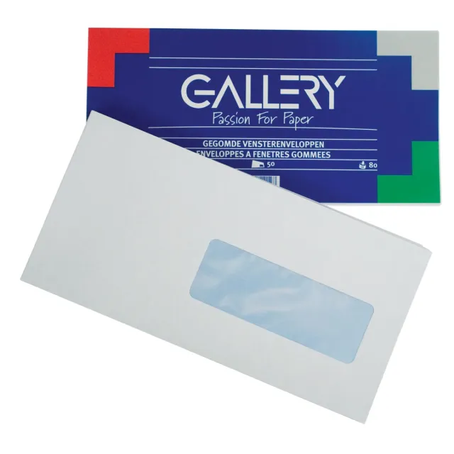 Gallery enveloppen ft 114 x 229 mm, met venster rechts, gegomd, pak van 50 stuks wit