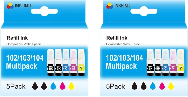 INKFIND 102 103 104 inkt geschikt voor Epson102 102 Epson104 104 - inktfles - Multipack Ecotank van 10 stuks (2 x 5pack= 4 x Zwart, 2 x Cyaan, 2 x Magenta, 2 x Geel) geschikt voor ET-2710/2711/2720/2726/4700/4800/ET-2700/2750/3700/3750/4750 Zwart x 4, Cyaan x 2, Magenta x 2, Geel x 2