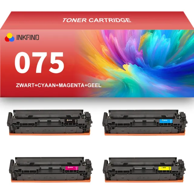 INKFIND 075 Zwart/Cyaan/Magenta/Geel tonercartridge compatibel met Canon 075 geschikt voor Canon i-Sensys MF664Cdw. MF667Cdw LBP646Cdw.LBP647Cdw/Color imageCLASS MF665Cdw/MF663Cdw/MF662Cdw,Color imageCLASS LBP647Cdw/S LBP646Cdw - 4-pack BKCMY Zwart x 1, Cyaan x 1, Magenta x 1, Geel x 1