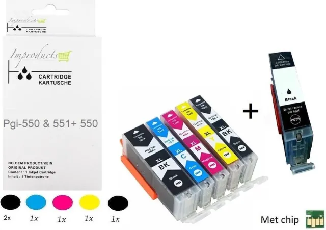 Improducts Inkt cartridges - Alternatief Canon PGI-550 / CLI-551 XL multi pack + zwart Multicolor - 5 stuks + Zwart - Chip 3.0