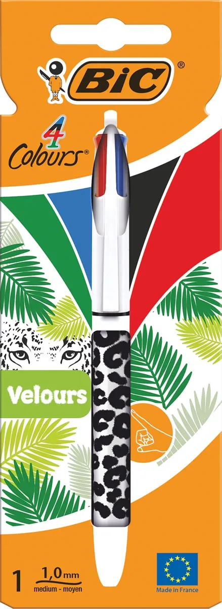 Bic Colours Velours 4-kleurenbalpen, medium, klassieke inktkleuren, verschillende motieven, op blister blauw