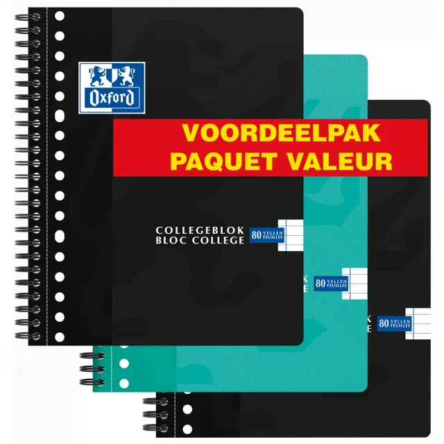 Oxford School collegeblok, ft A5+, 160 bladzijden, 17-gaats, gelijnd, assorti, 3 stuks turquoise