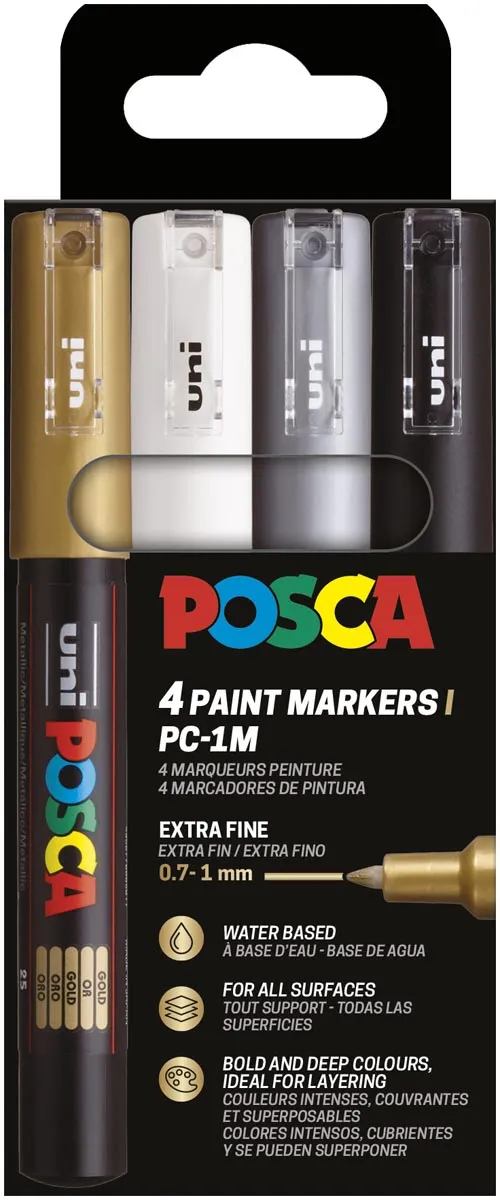 Posca Uni POSCA paintmarker PC-1MC, 0,7 - 1 mm, etui van 4 stuks, goud, zilver, wit en zwart