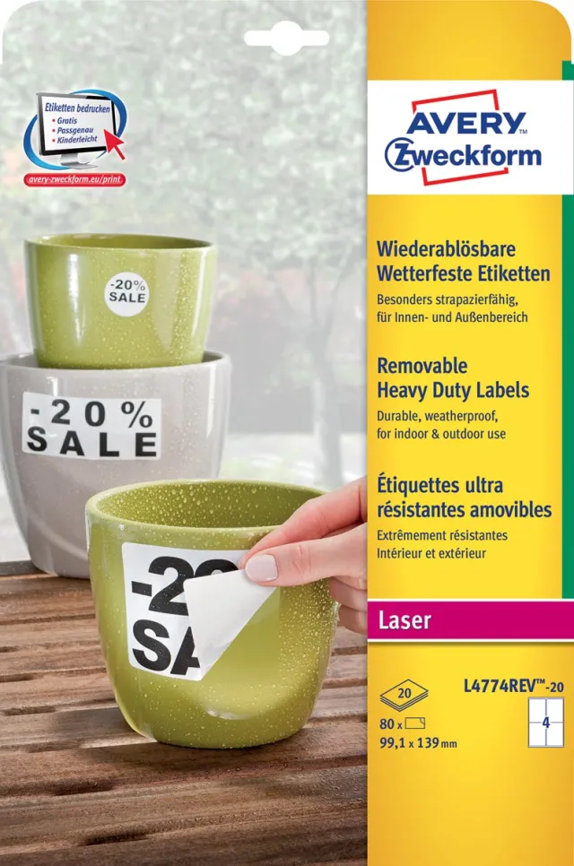 Avery Zweckform Avery afneembare weerbestendige etiketten Ft 99,1 x 139 mm (b x h), wit, doos van 80 etiketten