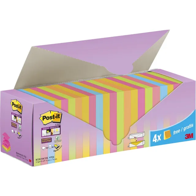 Post-it Super Sticky Z-Notes assorti, 90 vel, ft 76 x 76 mm, 20 + 4 GRATIS blauw