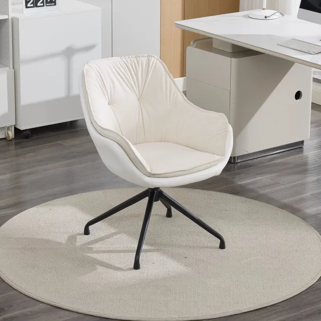REDOM Bureaustoel - Ergonomische brede zitting - 360° draaibaar - Met vaste armleuningen - Metalen vierpoot - Kunstleer - Woonkamer en slaapkamer - Beige - 82,3 x 65,8 x 67,8 cm