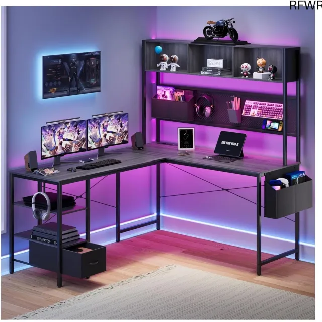 RFWR L-vormig gaming bureau met LED verlichting en opbergruimte Grijs