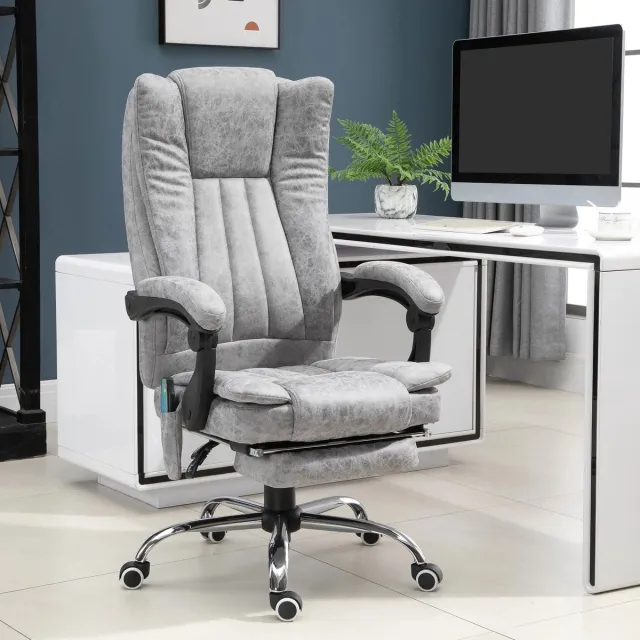 MODFU Bureaustoel Met Massage- En Warmtefunctie - Verstelbare Rugleuning En Voetsteun - Microvezel - Grijs - 62 x 67 x 113-120 cm
