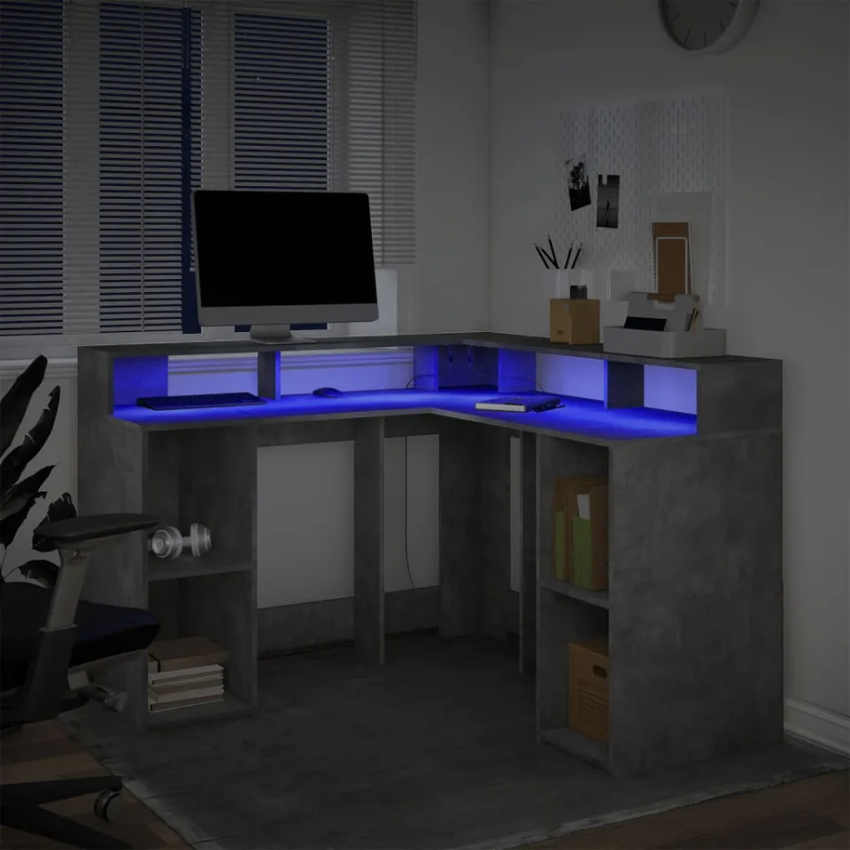 vidaXL Bureau met LED-verlichting 130x130x91 cm hout betongrijs grijs, foto 4