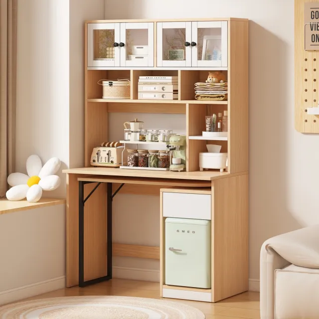 Zubaliya Bureau - met laden en opbergruimte en draaibaar ontwerp - naturel en wit - afmetingen 110 x 55 x 180 cm - materiaal mdf - voor een praktische werkplek