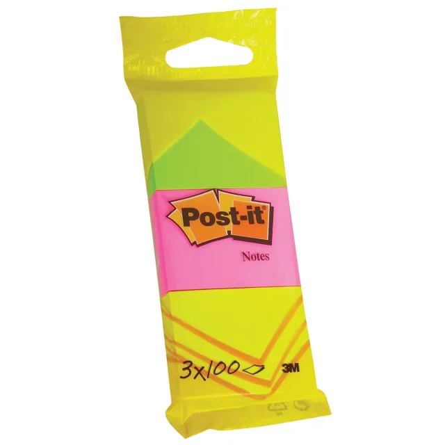 Post-It Notes , 100 vel, ft 38 x 51 mm, blister van 3 blokken in neongeel, guava roze en neongroen