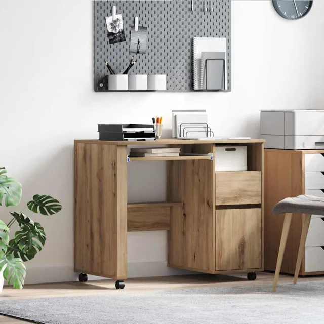 vidaXL Bureau met Wielen Artisan Eiken 91 x 50 x 77 cm Bewerkt hout, foto 2