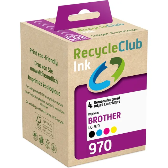 RECYCLECLUB inktcartridge - Inktpatroon - Geschikt voor Brother - Alternatief voor Brother LC-970 Zwart 22ml Cyan Blauw 13ml Magenta Rood 13ml Yellow Geel 13ml - Multipack - 4-pack zwart + kleur