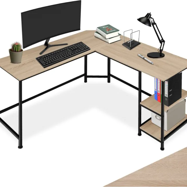 Tectake L-Vormig Bureau - 138 x 138 x 75,5 cm - Hoekbureau met 2 Planken - Vintage Industrieel Design van Hout en Metaal - Zwart Metalen Frame - Draagkracht Bureaublad 200 kg - Voor Thuiskantoor en Gamen - Lichtbruin