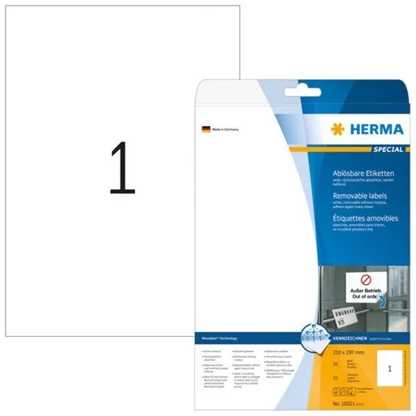 Etiket HERMA 10021 210x297mm A4 verwijderbaar wit 25 stuks