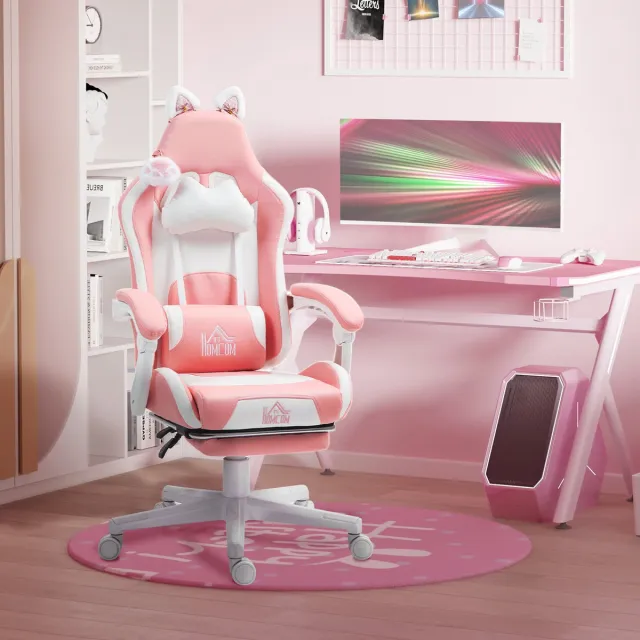 HAUSS SPOLE Gamingstoel Roze Met Kattenoren En Kattenpoten Lendensteun Hoofdsteun Voetsteun Verstelbare Zithoogte Voor Thuis En Bureau Kunstleer Pink
