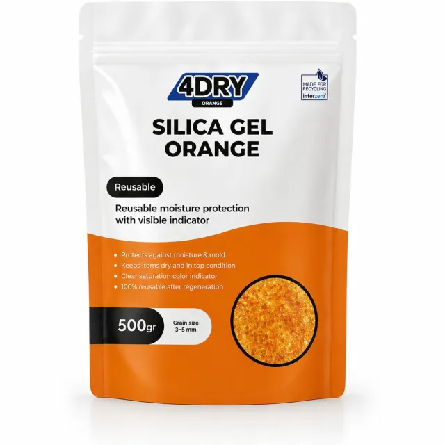 4Dry Orange Silica Gel | 500 g | Hersluitbare zak | Silica Gel voor filamenten, elektronica, luchtfiltratie etc | Oranje 3 - 5 mm | Met indicator en herbruikbaar