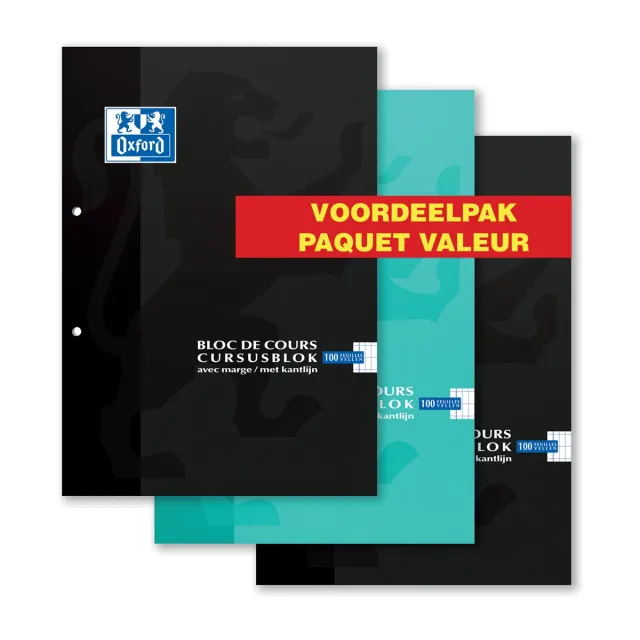 Oxford cursusblok voordeelpak van 3 stuks, geassorteerde kleuren, ft A4, 100 vel, commercieel geruit blauw