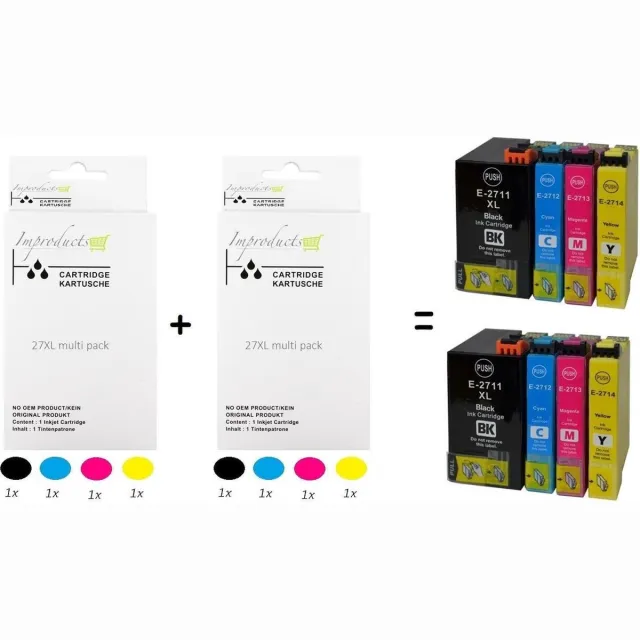 Improducts Inkt cartridges - Alternatief Epson 27XL / 27 XL 8 stuks Multicolor - Zwart (2x), Cyaan (2x), Magenta (2x), Geel (2x)