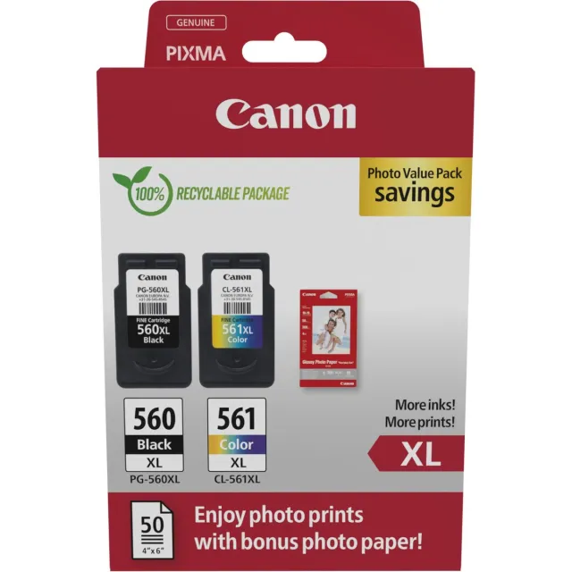 Canon PG-560XL + CL-561XL - Inktcartridges - Origineel - Hoge capaciteit - 50 sheets fotopapier - Zwart en Kleur + Retourzakje