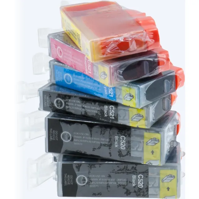 KATRIZ huismerk inkt voor Canon 2X PGI520BK + 1X CLI521BK + 1X CLI521 Cyaan + 1X CLI521 Magenta + 1X CLI521 Geel (6stuks) - Met chip Zwart, Foto Zwart, Cyaan, Magenta, Geel