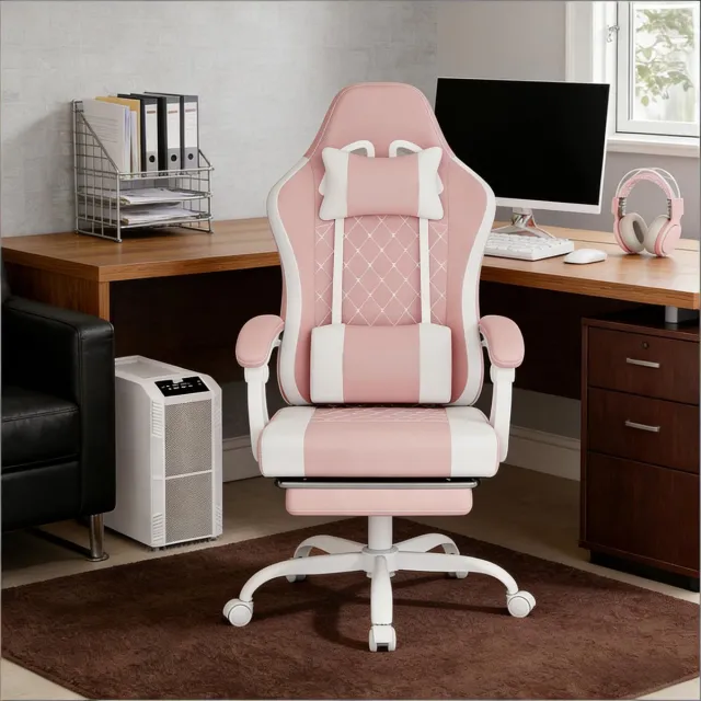 Wishdor Ergonomische gamingstoel - Draaibaar en verstelbaar - Massage lendenkussen - Kantelbare rugleuning - Mesh en metaal - Roze-wit - 70 x 70 x 127 cm Roze/Wit