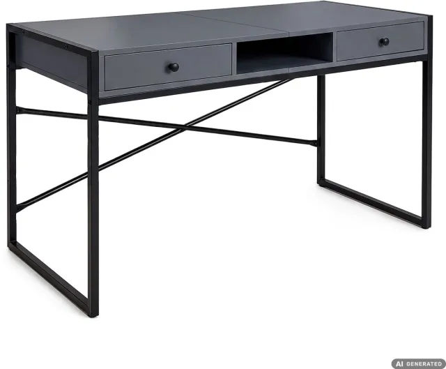 Akord Computertafel Bureau ELONIS / Industrieel / 123 cm / Grafiet / 2 Lades / 1 Plank / Zwarte Poten