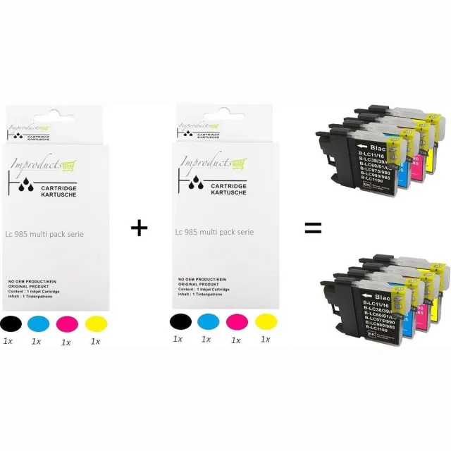 Improducts Inkt cartridges - Alternatief Brother LC985 / LC-985 / 985 8 stuks Multicolor - Zwart (2x), Cyaan (2x), Magenta (2x), Geel (2x)