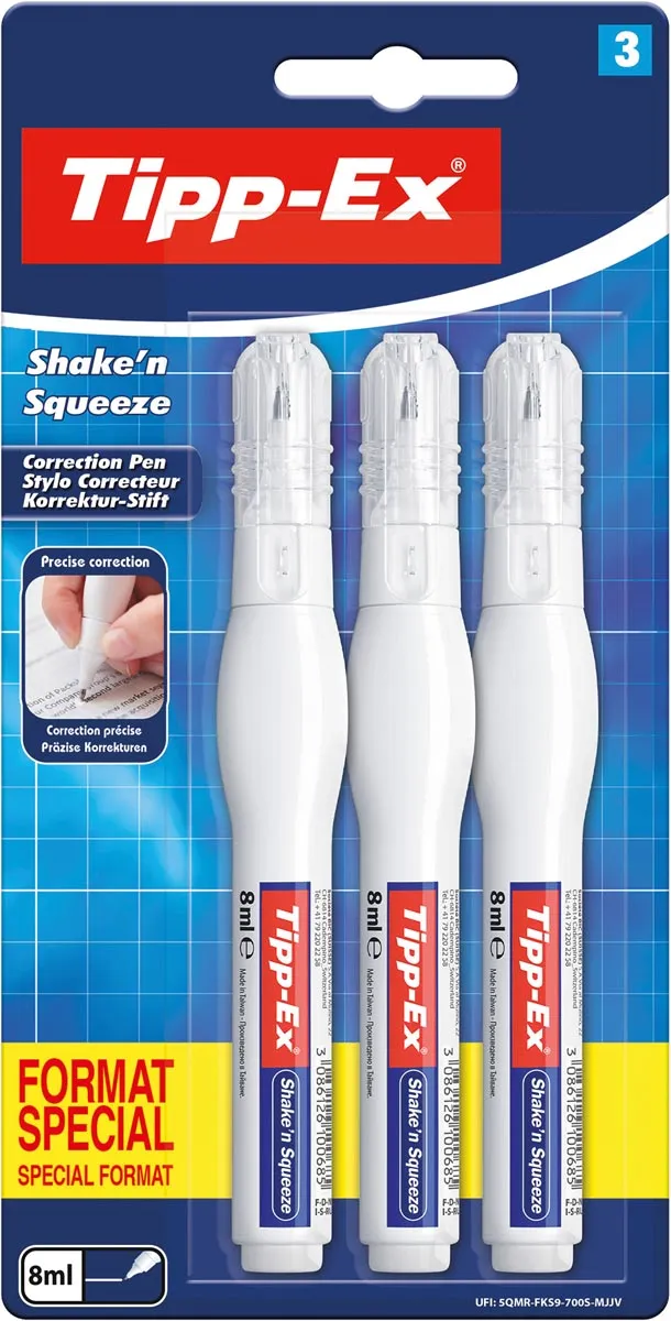 Tipp-ex correctiepen Shake 'n Squeeze, blister van 3 stuks, special format