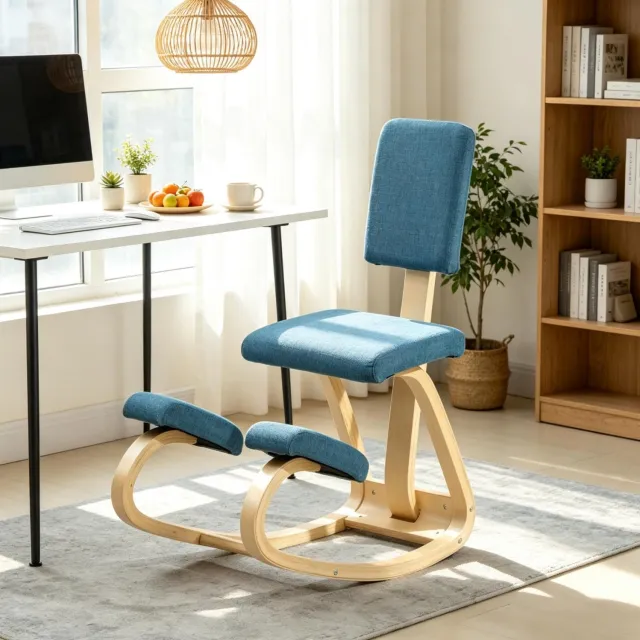 MODENUIT Kniesitzstoel - Met Rugleuning En Schommelmechanisme - Voor Bureau - Hout - 51x84x93 Cm - Blauw Donkerblauw