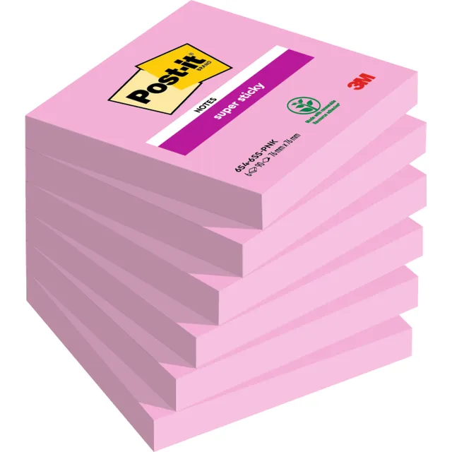 Post-It Memoblok Post-it 654 Super Sticky 76x76mm roze 90 vel