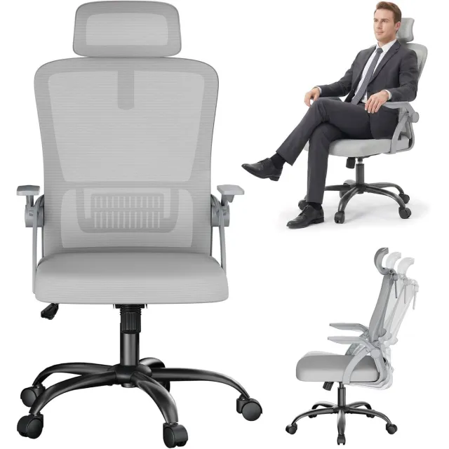 ACXIN Ergonomische Bureaustoel - 4D Hoofdsteun - 105° Kantelfunctie - Mesh Rugleuning - 120 kg Belastbare Draaistoel - Flip-up Armleuningen - In Hoogte Verstelbaar - Home Office en Kantoor - Grijs